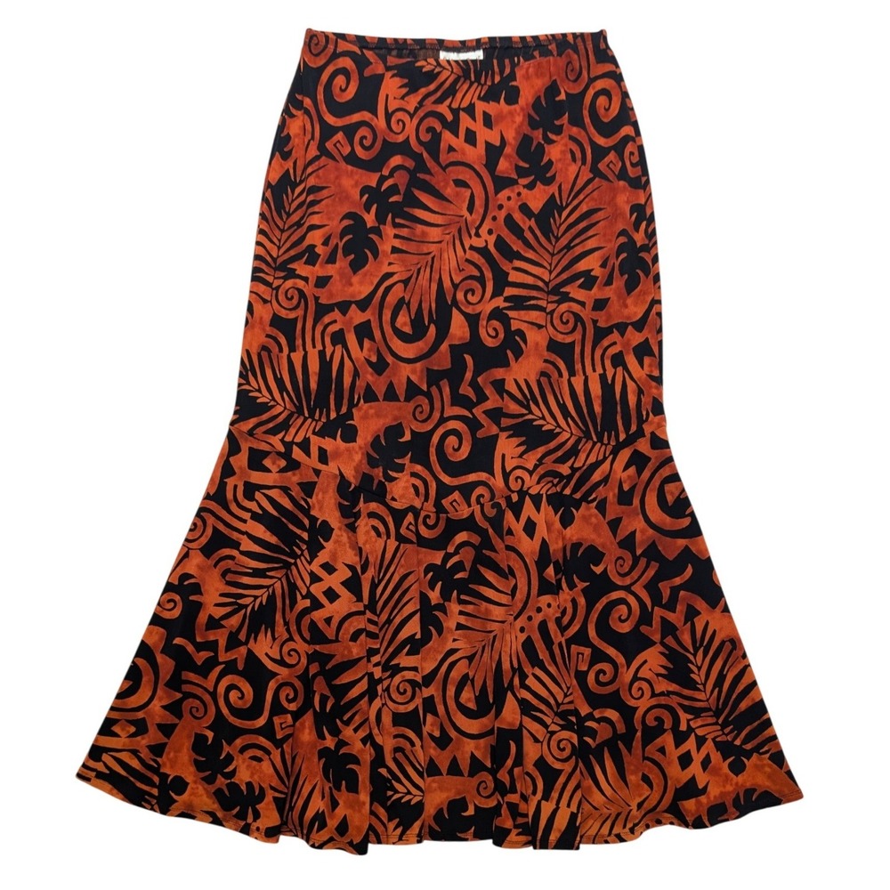 Vintage Coldwater Creek Mermaid Skirt Womens S Orange Black Tropical Tribal Midi